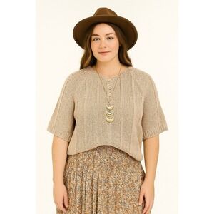 Dana Blake Womens Blouse Sweater  Large Tan / Beige Short Sleeve Scoop Neck